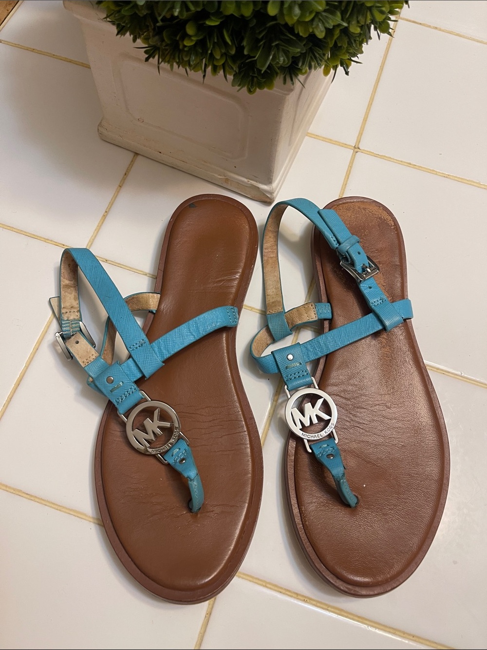 Michael Kors Turquoise Strap Logo Thong Sandals